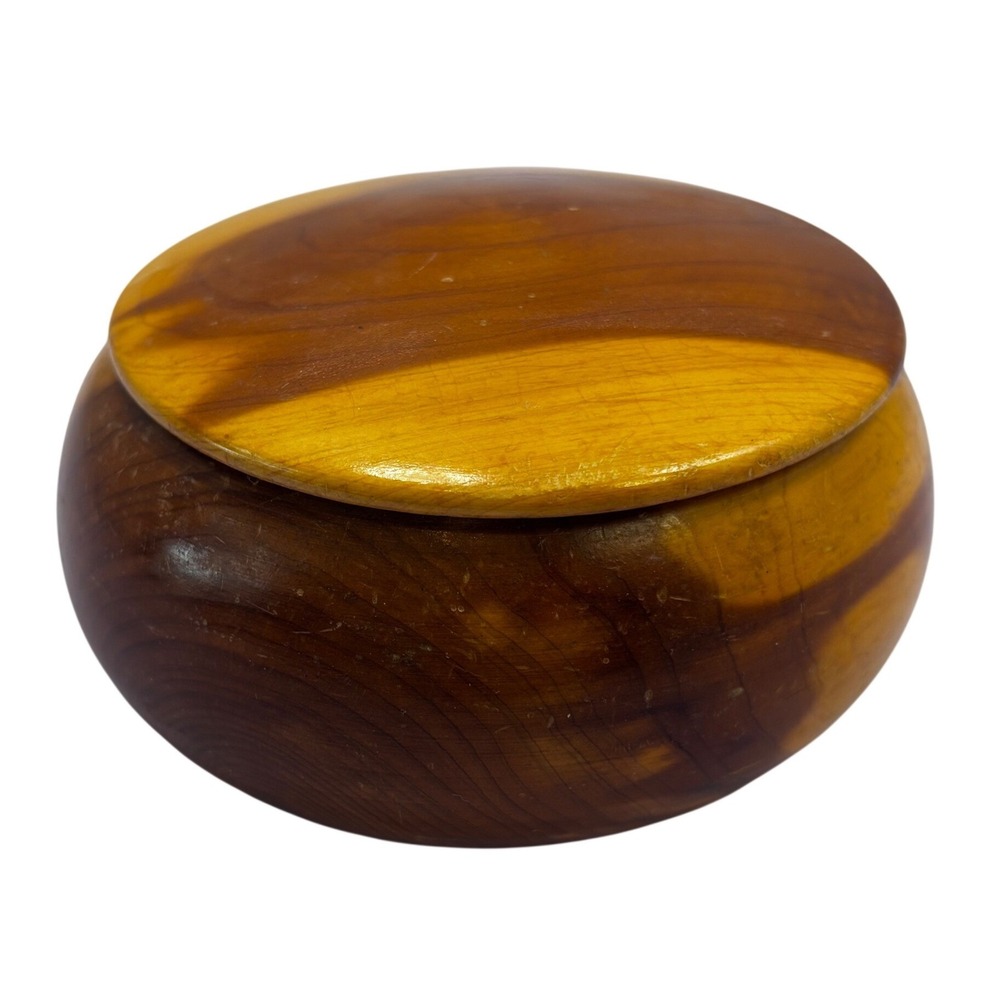 Vintage Handcrafted Round Wooden Trinket Box with Lid Natural Wood Grain 3.5in